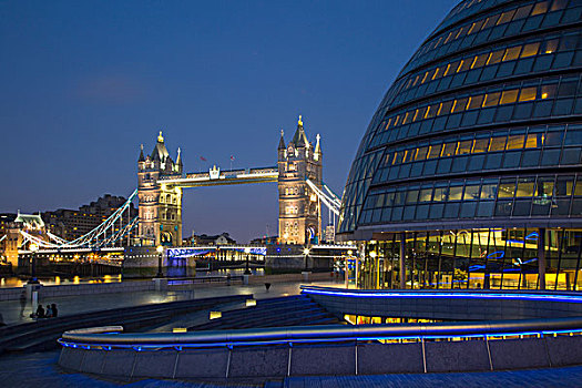 黎明,上方,市政厅,伦敦,南方,堤岸,塔桥,英格兰,英国
