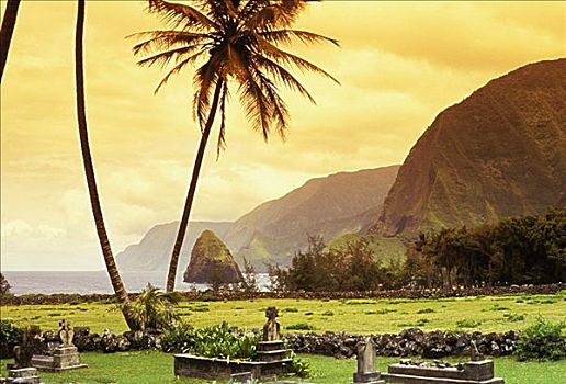 夏威夷,莫洛凯岛,日落,亮光,墓石,前景