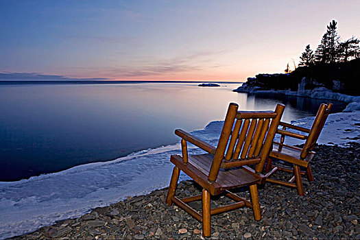 两个,椅子,边缘,向外看,上方,苏必利尔湖,波蒂奇,明尼苏达,美国