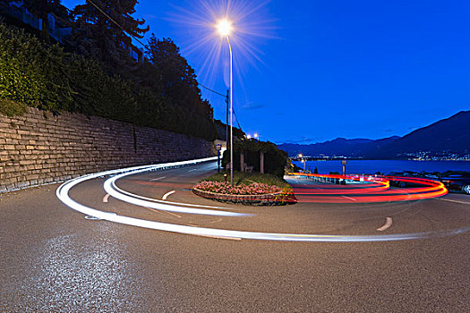 光影,汽车前灯,尾灯,道路,洛迦诺,瑞士,提契诺河