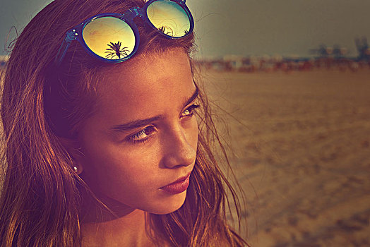 黑发,女孩,海滩,墨镜,棕榈树,反射,图像