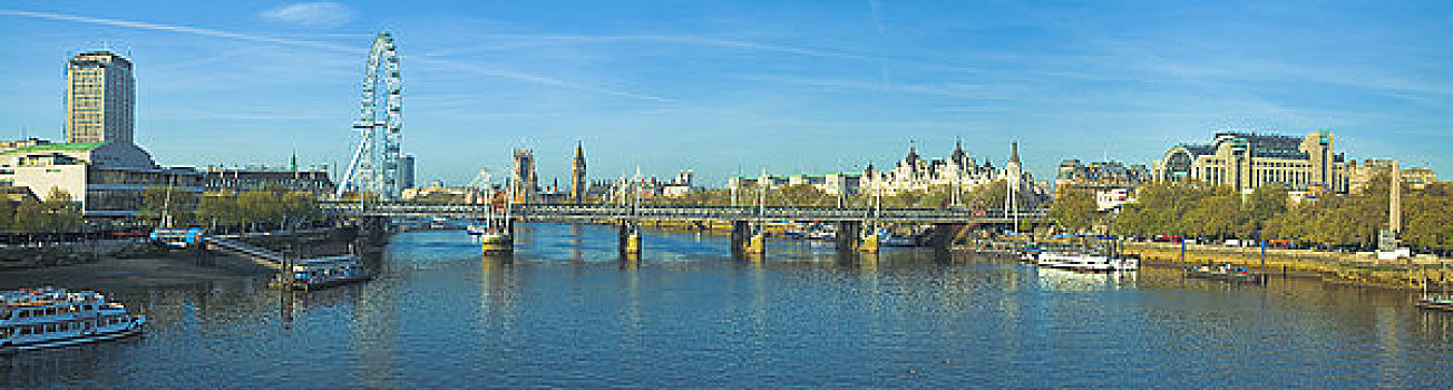 英格兰,伦敦,泰晤士河,全景,滑铁卢桥,皇家节日大厅,壳,中心,伦敦眼,议会大厦,穿过,车站