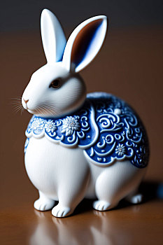 一个精致的兔子玩具,由白色瓷器制成,带有蓝色细节