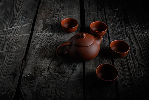 复古茶壶素材木纹背景
