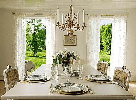 餐厅,成套餐具,三个,窗户,后院,乡村,闲适,瑞典