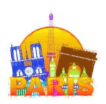巴黎,城市天际线,剪影,圆,彩色,印象派,插画