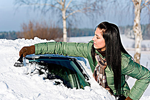 冬天,汽车,女人,雪,挡风玻璃,冰,刮刀