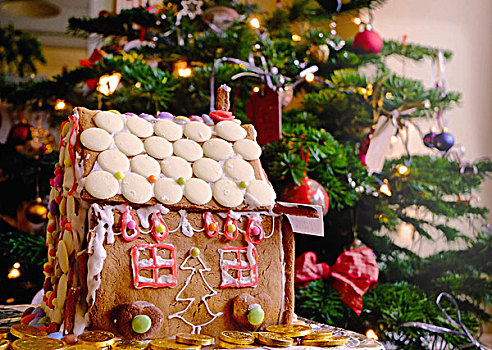 糖果,遮盖,姜饼屋,正面,圣诞树