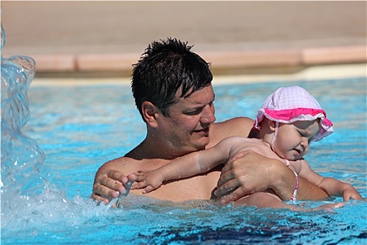 父亲,女儿,乐趣,游泳池