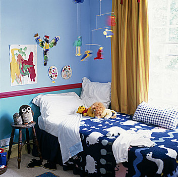 卧室,动物,移动,图案,床上用品,毛绒玩具,晴朗,窗户,帘