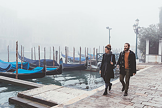 情侣,漫步,模糊,运河,水岸,威尼斯,意大利