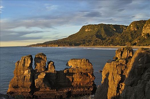 薄烤饼,石头,日落,国家公园,南岛,新西兰