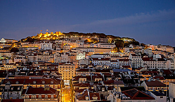 风景,举起,历史,中心,城堡,蓝色,钟点,黃昏,里斯本,葡萄牙,欧洲