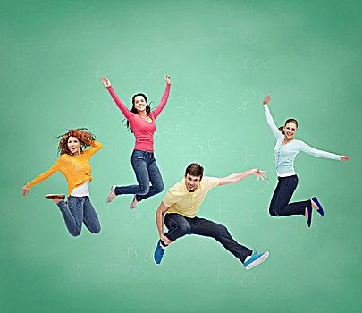 高兴,自由,友谊,教育,人,概念,群体,微笑,青少年,跳跃,空中,上方,绿色,棋盘,背景