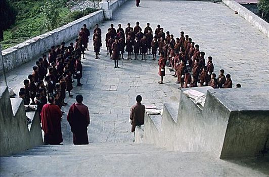 不丹,廷布,寺院,孩子,僧侣,排列,仰视,建筑,楼梯