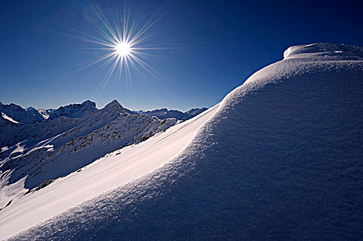 雪,星形,太阳,正面,山,全景,克莱恩瓦泽泰,奥地利,欧洲