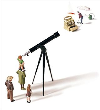 俯拍,小雕像,收款机,望远镜