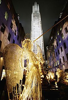 巨大,光亮,圣诞节,天使,正面,洛克菲勒中心,纽约,美国