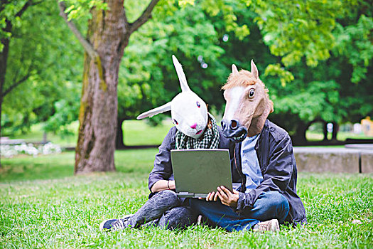 年轻,情侣,坐,草,戴着,兔子,马,化装面具,拿着,笔记本电脑