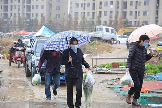 山东省日照市,市民冒雨赶农村大集,蔬菜水果价格便宜