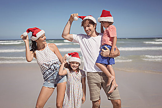微笑,家庭,穿,圣诞帽,海滩,蓝天