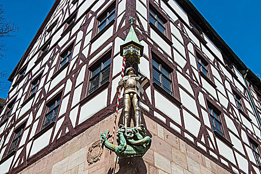 金色,雕塑,半木结构,房子,中世纪,城镇,中心,纽伦堡,巴伐利亚,德国