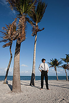 商务人士,站立,棕榈树,海滩