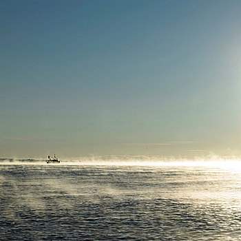 海景,渔船,地平线,黎明,日光,雾气