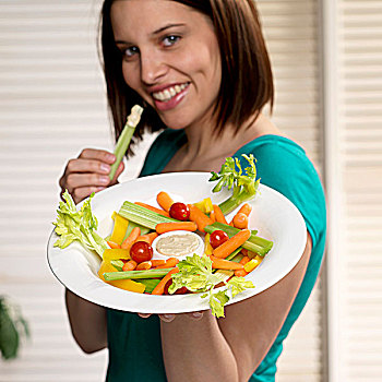 女人,拿着,蔬菜盘,一只,手,芹菜