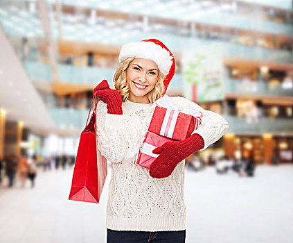 高兴,寒假,圣诞节,人,概念,微笑,少妇,圣诞老人,帽子,礼物,购物袋,上方,商场,背景