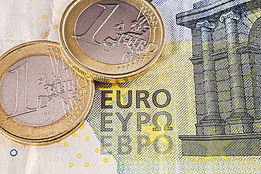 两个,一欧元,硬币,上面,五个,欧元,纸币,货币