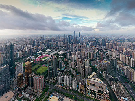 中国广东广州,航拍天河商圈与城市中轴线