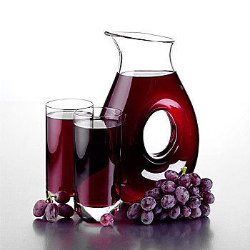 罐,葡萄汁,两个,满,玻璃杯,葡萄串