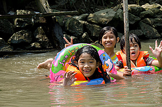 泰国,泰国人,孩子,游泳,运河