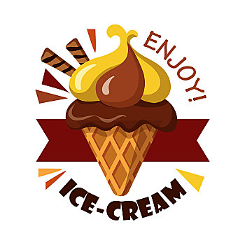 享受,冰淇淋,冰淇淋蛋卷,隔绝,白色背景,美味,标识,巧克力,香蕉,冰,卡通,风格,条纹,脆,华夫饼,冷冻食品,设计,矢量