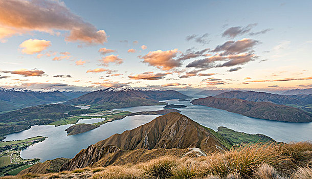 日落,风景,山,湖,顶峰,瓦纳卡湖,南阿尔卑斯山,奥塔哥地区,南部地区,新西兰,大洋洲
