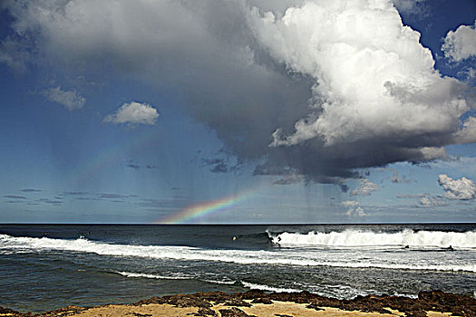 夏威夷,瓦胡岛,岩岬,雨,彩虹,高处,海洋