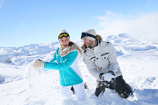 情侣,雪,山,雪球,争斗