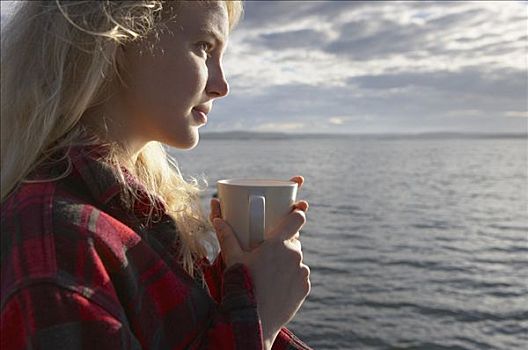 女青年,海洋,大杯,茶