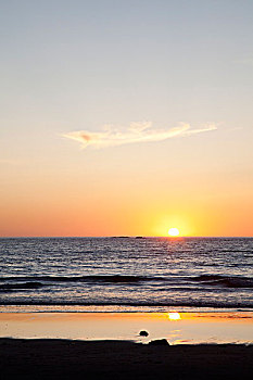 日落,上方,海洋,海滩