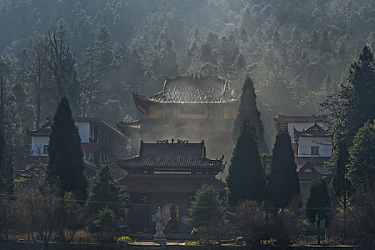 树,蓝,背景,池塘,倒影,烟,枯枝,寺庙,太阳,阳光,水,岸,淤泥,泥潭,村庄,山岗