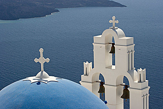 希腊,锡拉岛,希腊正教,白色,钟楼,远眺,爱琴海