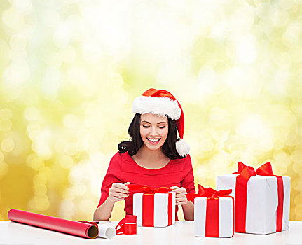 圣诞节,圣诞,冬天,高兴,概念,微笑,女人,圣诞老人,帽子,许多,礼盒