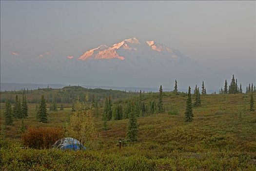 麦金立山,日出,烟,空气,山,平常,旺湖,营地,德纳里峰,国家公园,阿拉斯加,美国