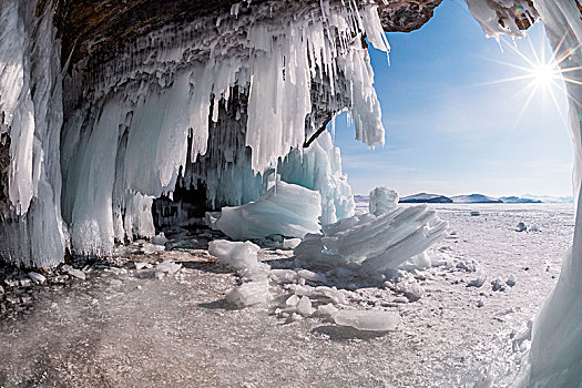 冰,钟乳石,洞穴,岸边,湖,伊尔库茨克,区域,西伯利亚,俄罗斯