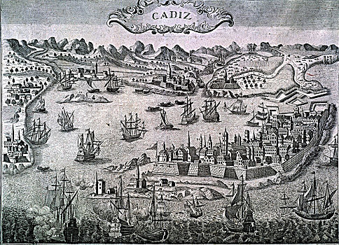 城市,加的斯,港口,17世纪,雕刻
