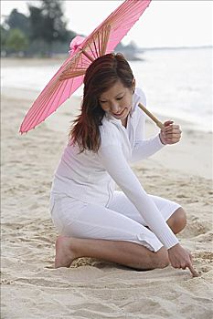 女青年,海滩,拿着,粉色,伞
