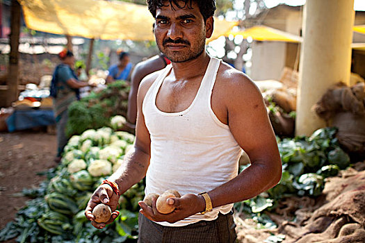 卖蔬菜,人,市场,果阿,印度