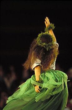 夏威夷,夏威夷大岛,草裙舞,节日,后视图,女孩,动态,裙子,毛发,摇动,舞台,抬臂