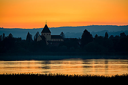 日落,教堂,康士坦茨湖,巴登符腾堡,德国,欧洲